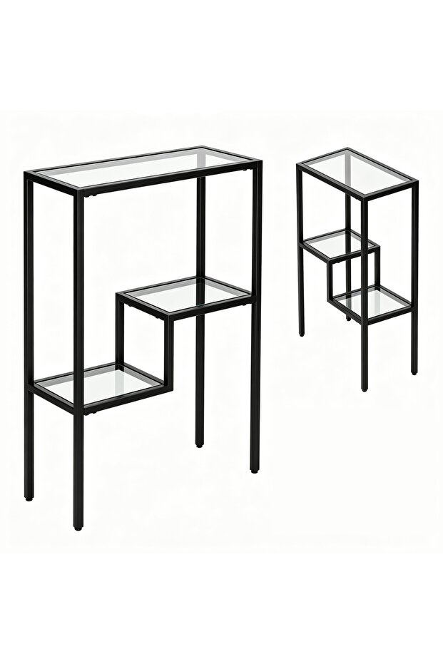 FFD Modern 3-Tier Glass Console Table - Black Metal Frame Tempered Glass, Pre-Assembled Entryway Side Table