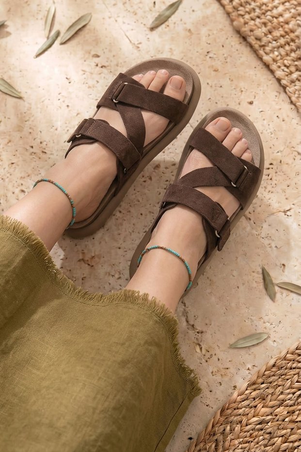Janell Genuine Leather Women's Slippers with Cross Straps and Velcro Detail, Brown