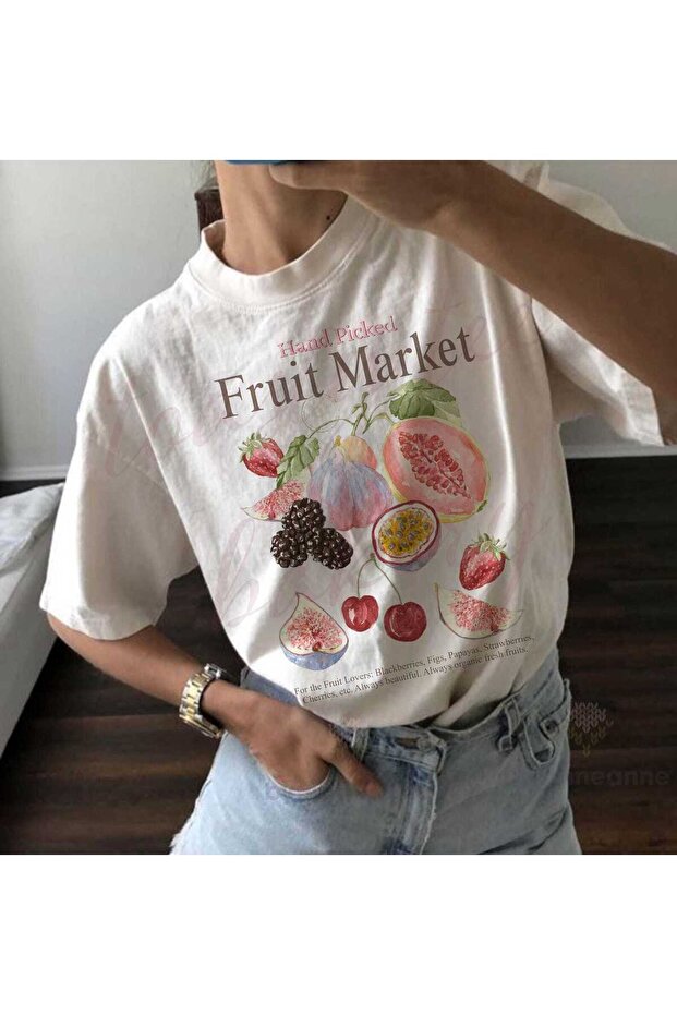 تي شيرت كبير الحجم مطبوع عليه Fruit Market للجنسين