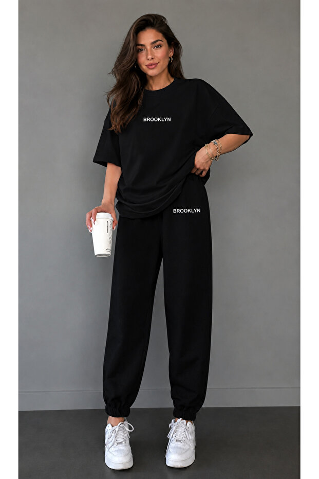 Broklyn T-Shirt Sweatpants Jogger - Black Bottom Top Sweatpants Set Crew Neck