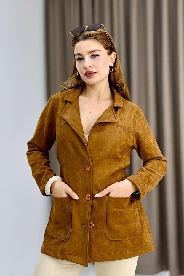 Women's Belted Double Pocket Suede Coat / Jacket Tan