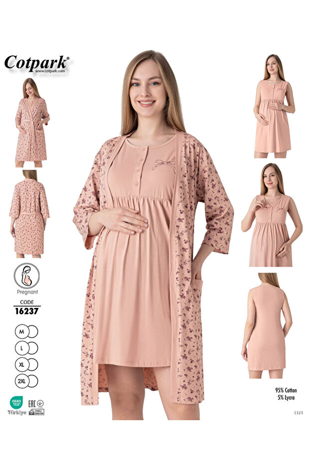 Women's Cotton Lycra Fabric Nursing Nightgown Set with Maternity and Postpartum Features 16237