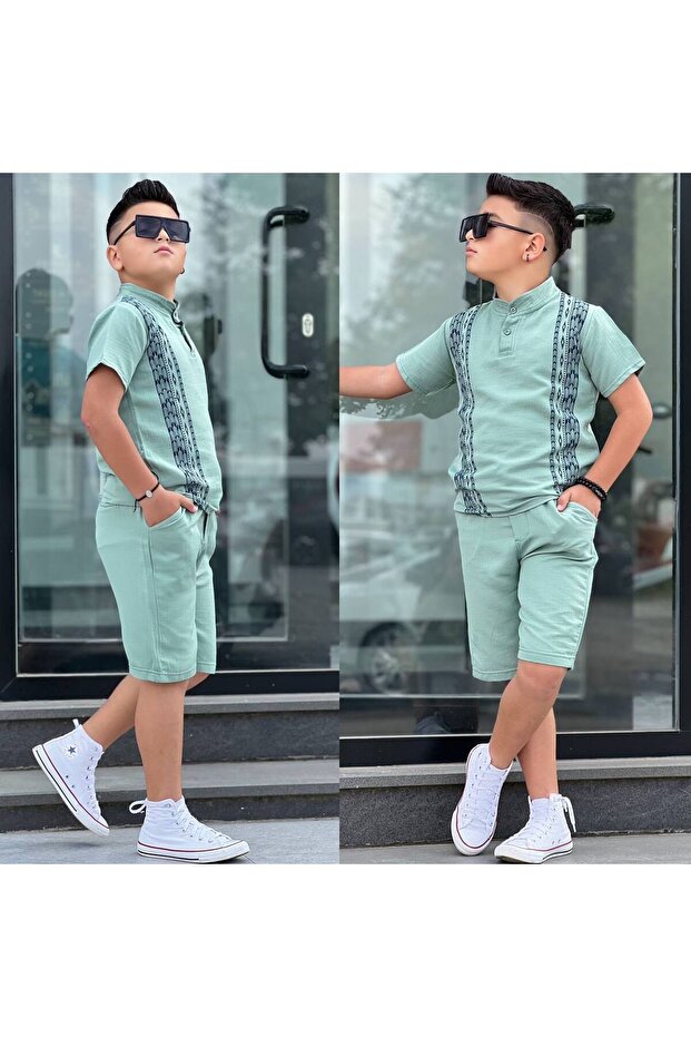 Boy's Collar Detailed Printed 100% Cotton Muslin Double Set