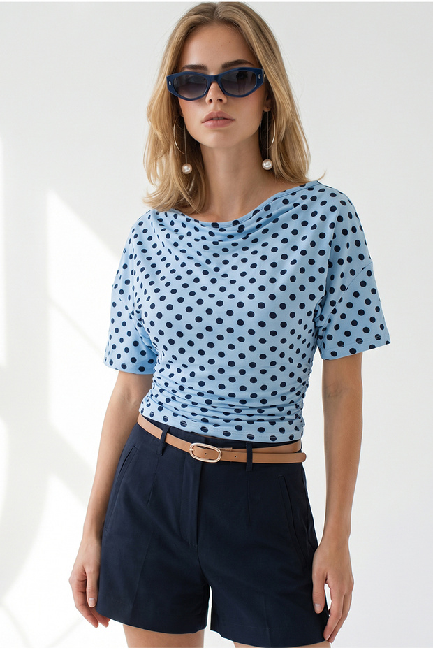 Women's Polka Dot Baby Blue Drape Detailed Degaje Collar Polka Dot Blouse Blz-19003404