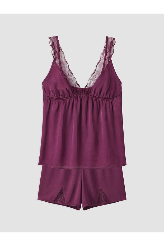 Lcw Dream Purple V-Neck Women's Satin Shorts Pajama Set
