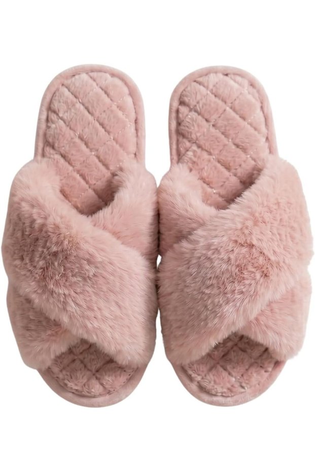 Women's Fuzzy Slippers Faux Fur Criss Cross (Blush Pink, Large/Extra Large)