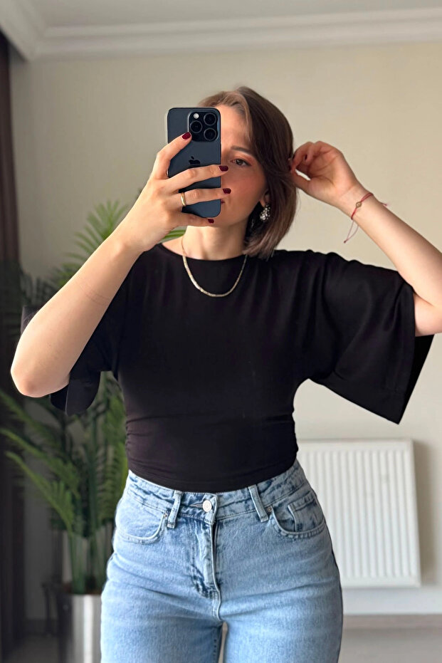 Bat Sleeve Lycra Crew Neck Black Blouse