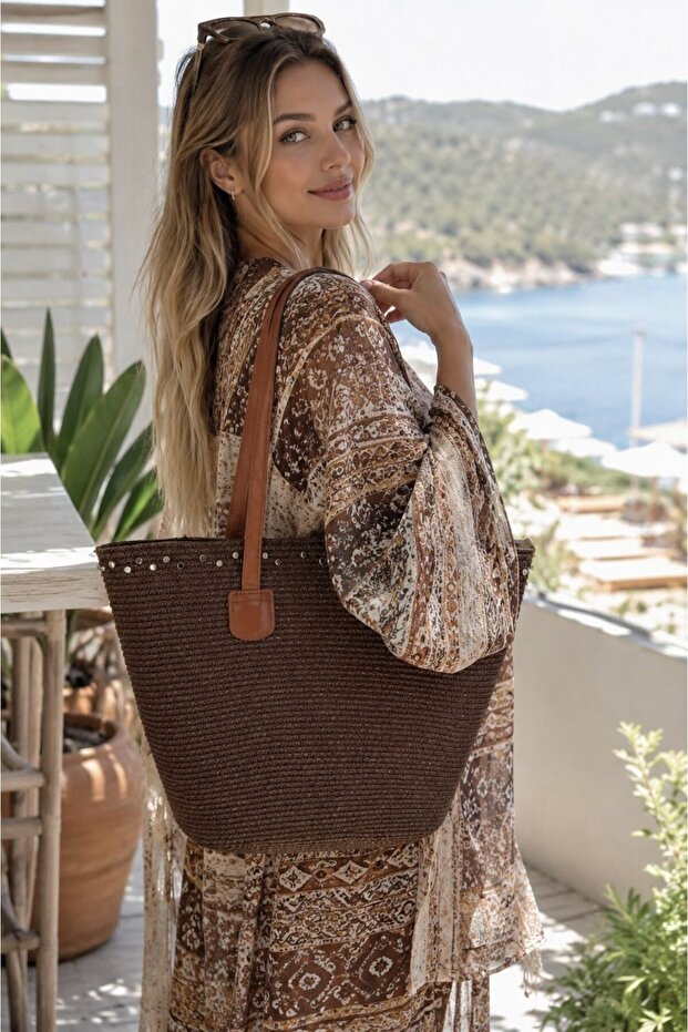 Brown Trok Accessory Embroidered Leather Strap Straw Women's Bag