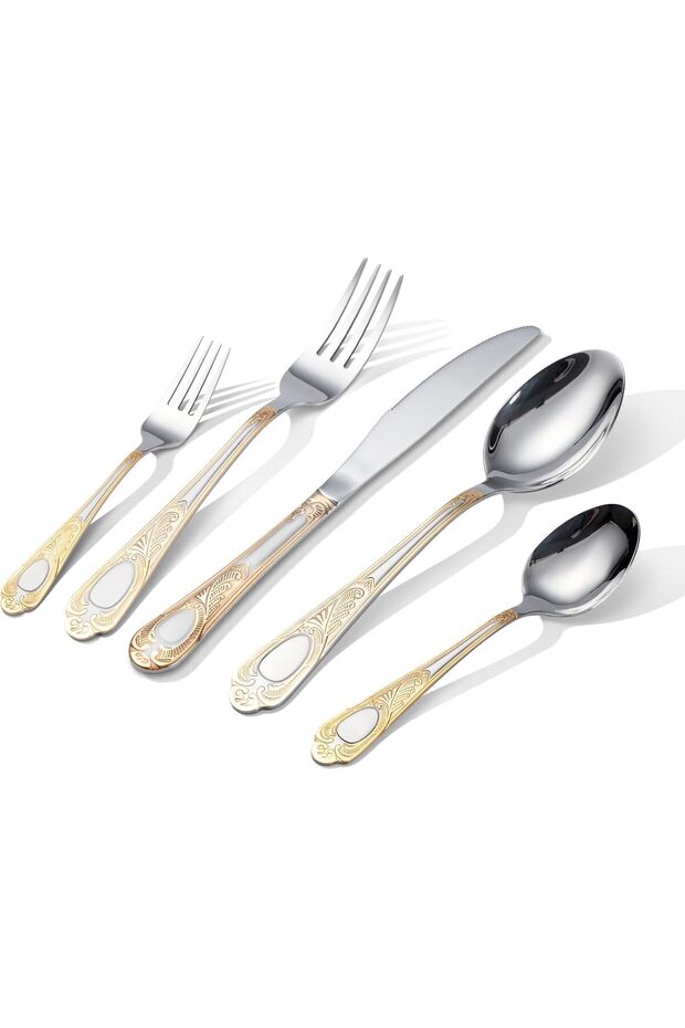 Novasteel Flatware Set, 24 Piece Stainless Steel, Gold Patterned 6 Person Silverware, Dishwasher Safe