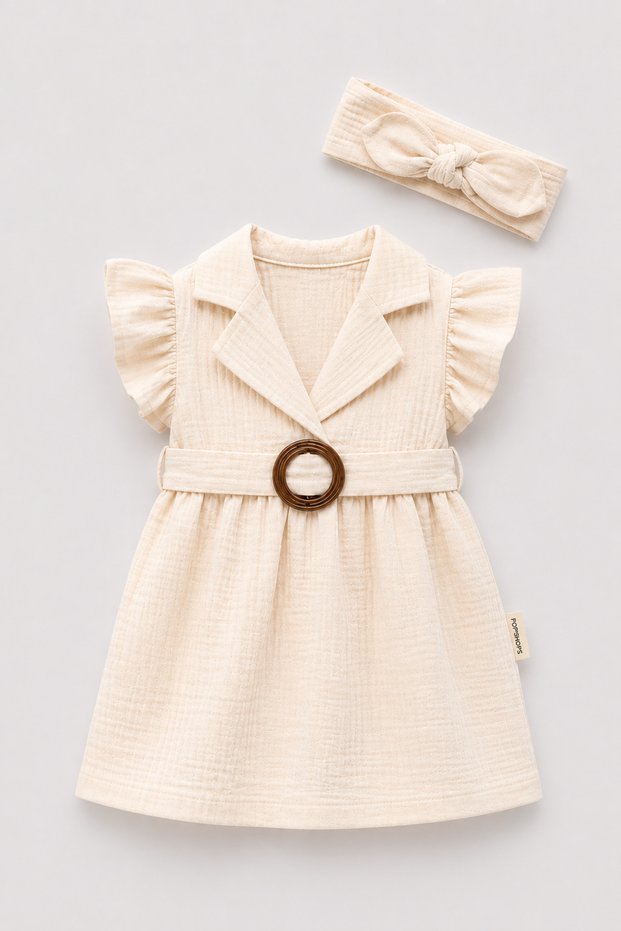 Ecru Baby Dress with Belt Buckle