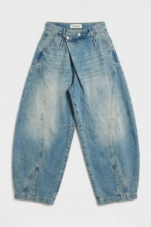 Women's Denim Color 4S6-32 Super Baggy Fit Belt Detailed Special Design Denim Jean