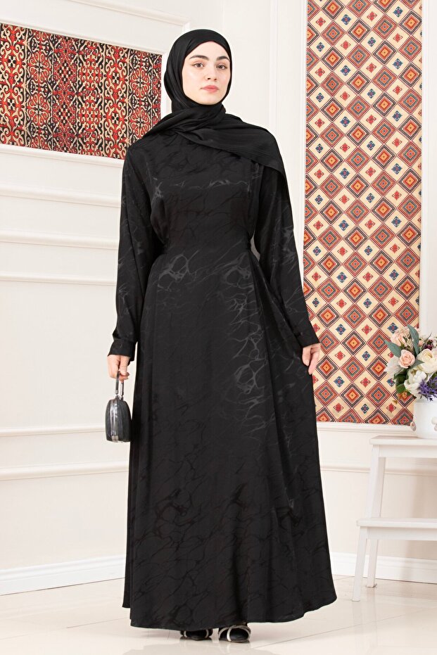 Tie-Waist Jacquard Evening Dress-Black