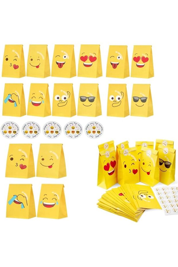 Expression Paper Bag, 24 Pcs Candy Bags with 24 Stickers, Smiley Gift Paper Bags Grocery Bags Craft Paper Bags Lunch Flat Bottom Bags Favor Bag