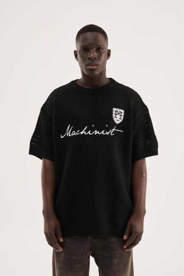 Men's Mchnst Badge Detailed Knitwear T-Shirt Black