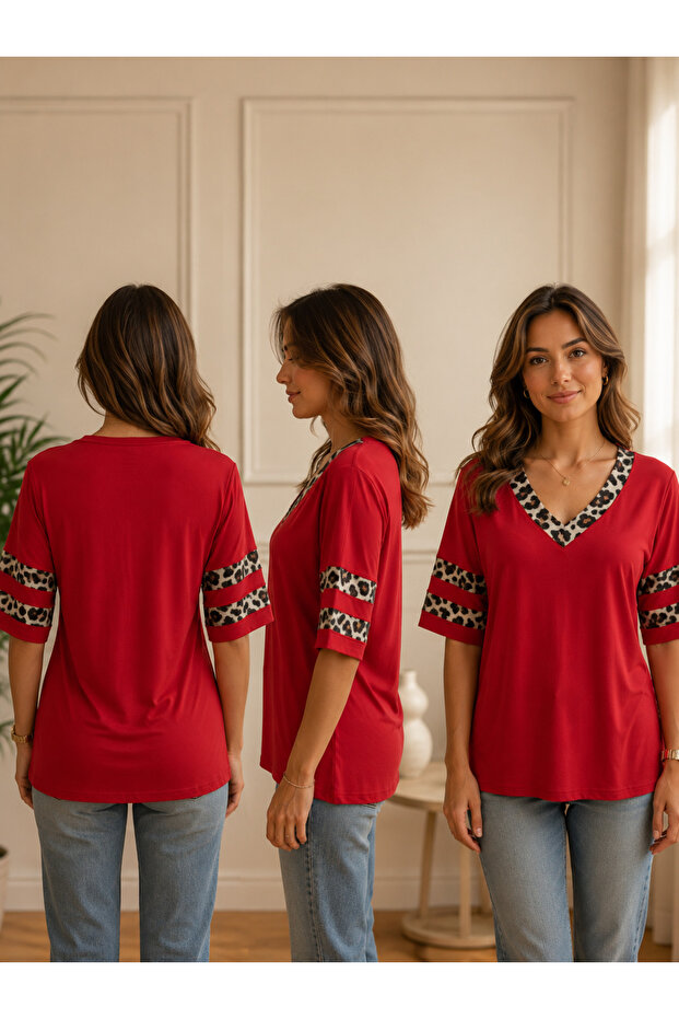 Your Name Is Leopard Detailed V-Neck Comfortable Fit Blouse