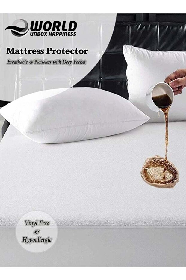 Waterproof Fitted Mattress Protector with Deep Pocket Featuring Absorbent Cotton Terry Surface