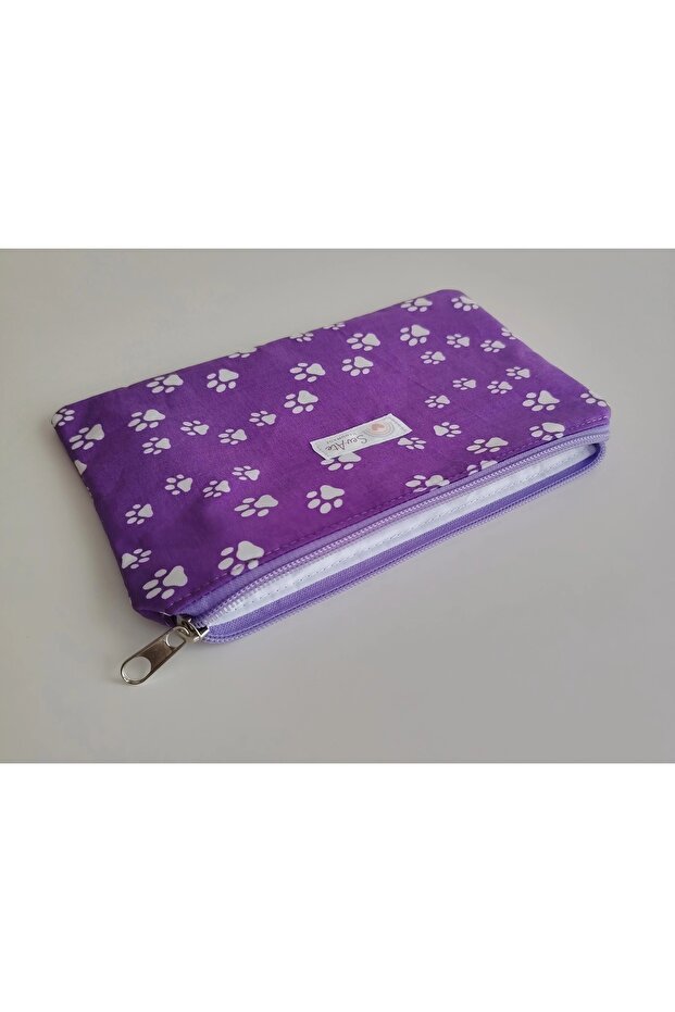 Paw Patterned Purple Pen Holder Makeup Bag Multi-Purpose Zippered Fabric Organizer Travel Bag