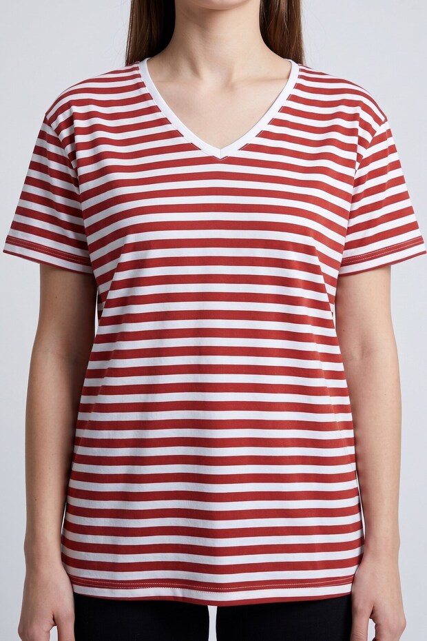 Women's Red and White V-Neck Striped T-Shirt