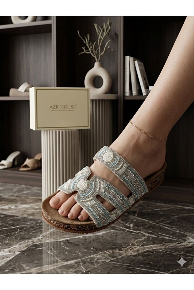 Orthopedic Slippers with Buckle and Stone and Bead Details
