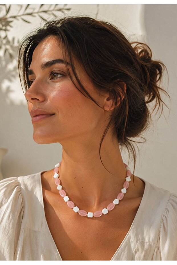 Women's Pink and White Beaded Necklace Natural Stone Look Modern Design Necklace