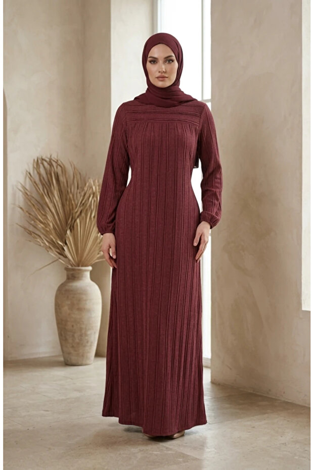 Ruffle Detailed Elastic Sleeves Hijab Dress 0560-03 Claret Red