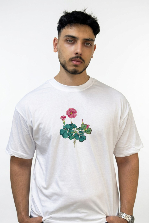 Pink Oxalis Design Printed Oversize White T-Shirt