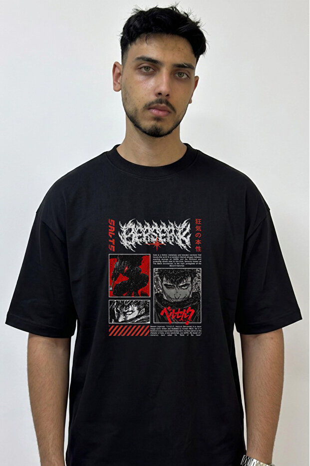 Guts Berserk Design Printed Oversize Black T-Shirt