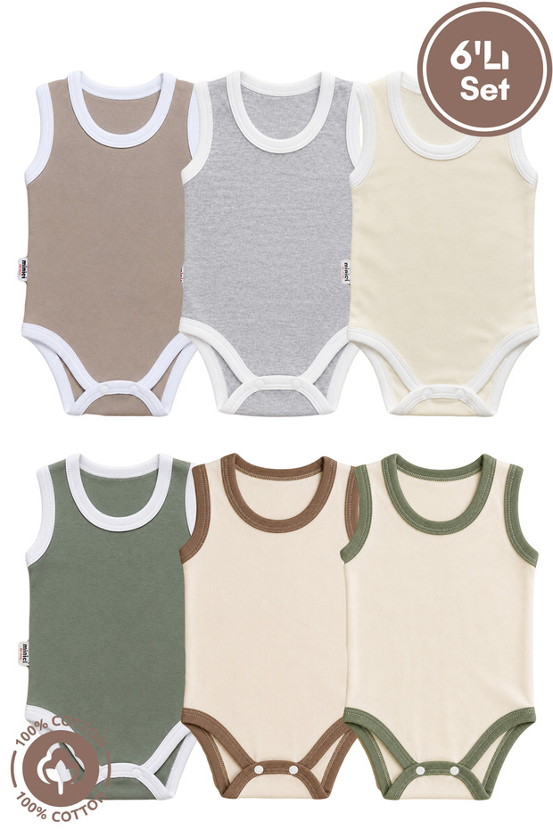 Unisex Baby 100% Cotton Piping Detailed 0-12 Months 6-Piece Sleeveless Baby Bodysuit Natural Series