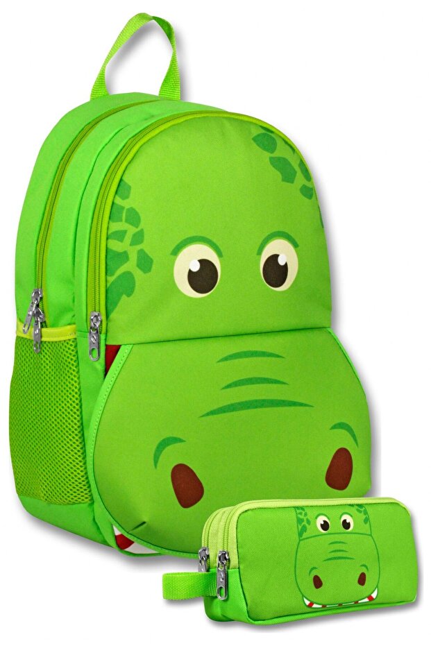 (Green) Boy's Green Hippo Shaped Primary School Bag and Pencil Case Set - Setumt6027C