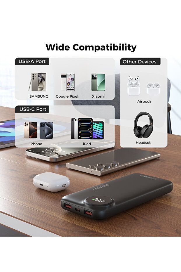 Digital Power Bank 10000mAh 22.5W Fast Charging, LED Display Portable Charger, Black B791
