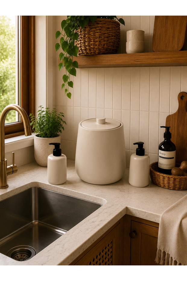 Decorative Bohemian Style Special Design 3-Piece Kitchen Set: Liquid Soap Dispenser, Detergent Dispenser, and Countertop Trash Can, Hand and Dish Soap Dispenser Set.