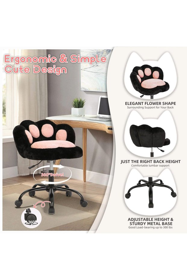 Changing Chair With Wheels, Cute Office Chair With Cat Leg Backrest, 360° Swivel Height Adjustable, Armless, Vibrant Color Lock, Small Computer Chair, Cushion