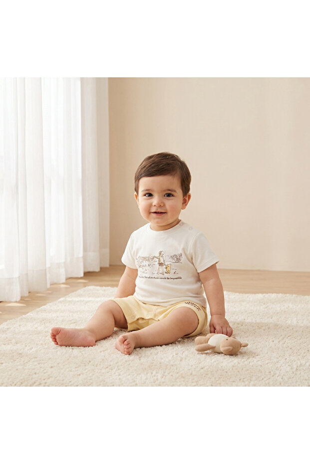Crew Neck Short Sleeves Romper with Winnie the Pooh Applique
