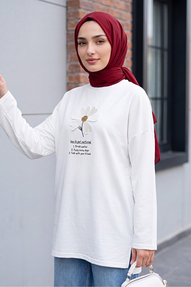 Floral Embroidered Crew Neck Combed Cotton Tunic -White