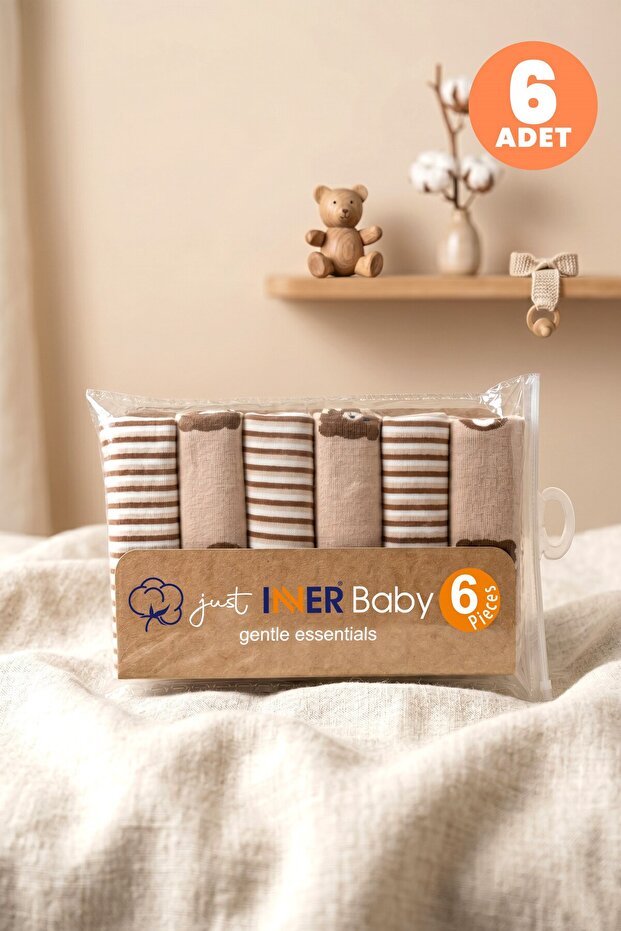 Baby Boy 6-Piece Cotton Mouth Wipes Set with Teddy Bear and Striped Pattern Boxed Set Breathable Fabric