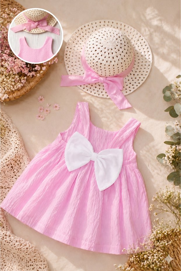 Bow Detailed Muslin Baby Girl Hat and Dress