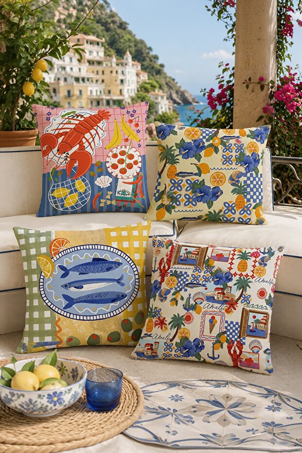 Seafood Patterned 4-Piece Throw Pillow Cover Set