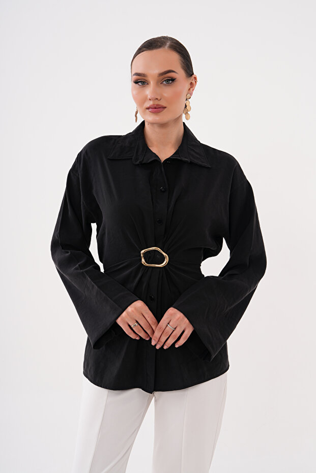Modal Woven Shirt with Back Belt Fastening and Front Buckle Detail