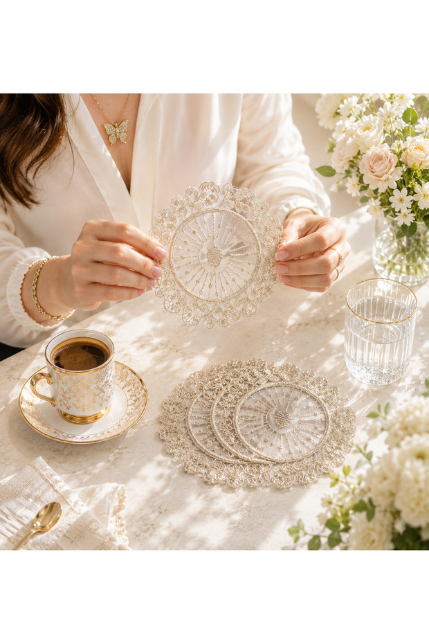 Set of 6 White Embroidered Lace Coffee Presentation Coasters – Handmade Elegant Design