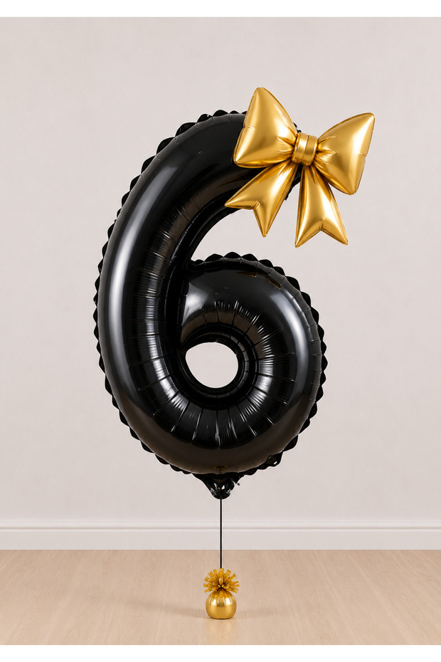 -6- Age Black Number Gold Bow Foil Balloon Set