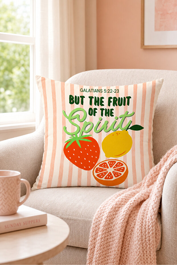 Fruit of the Spirit Fruit Text Printed Decorative Throw Pillow Cover Modern Decor 43X43 cm