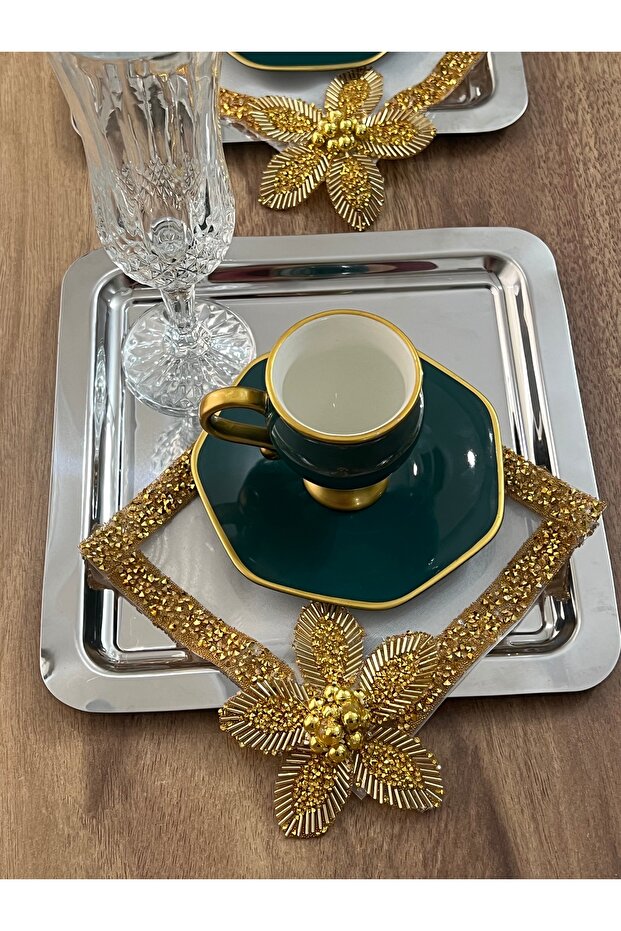 Handmade Rose Motif Coffee Presentation-Serving Napkin 6 Pieces