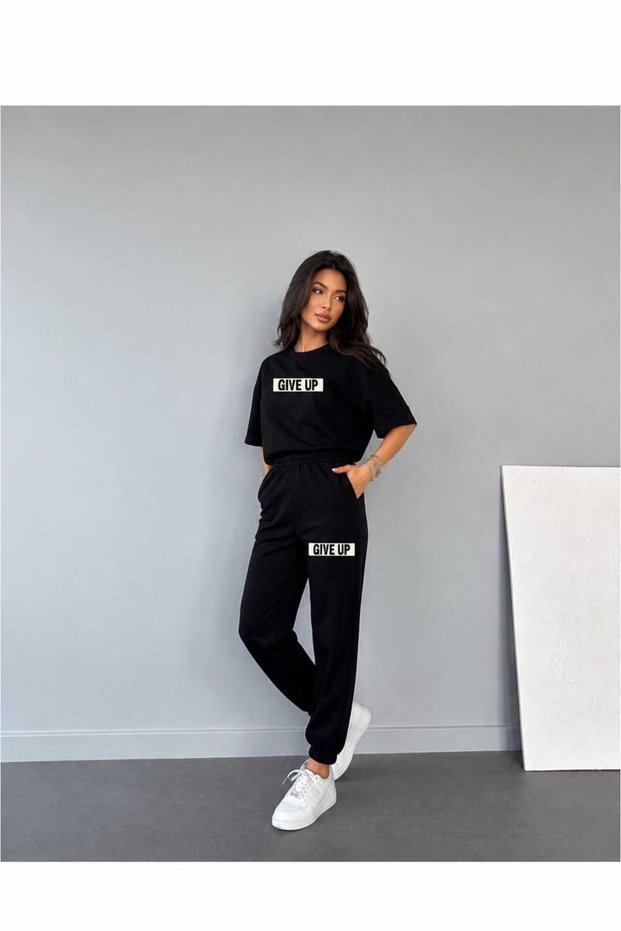Women's T-Shirt Tracksuit Set Give up Printed Tracksuit Set