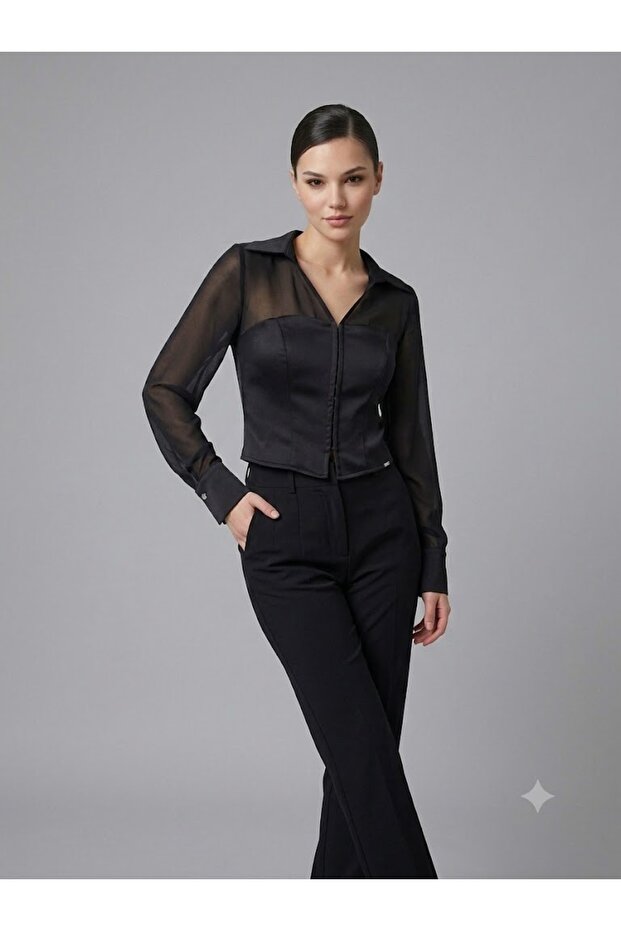 Perzoni Transparent Detailed Corset-Looking Satin Blouse 3563
