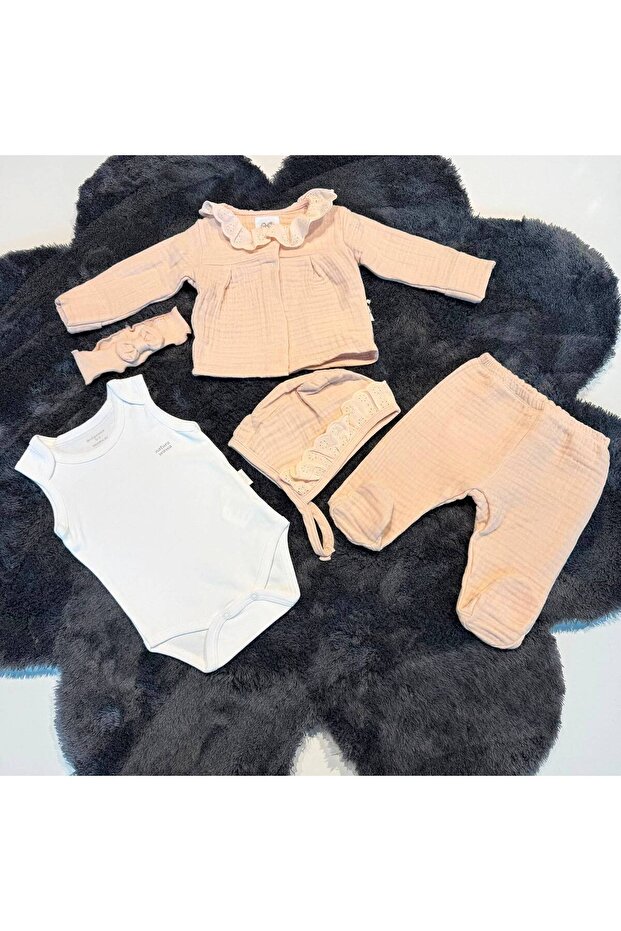 Girl's 5-Piece Muslin Set - 100% Natural Cotton - Salmon