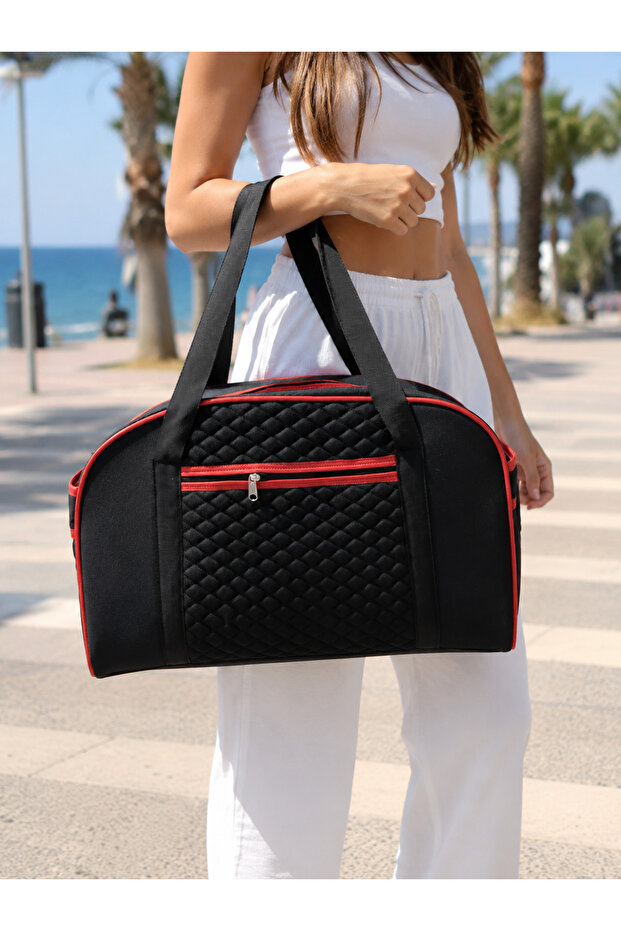 Modern Suitcase Travel Bag Pieces (Black-Red Strap)