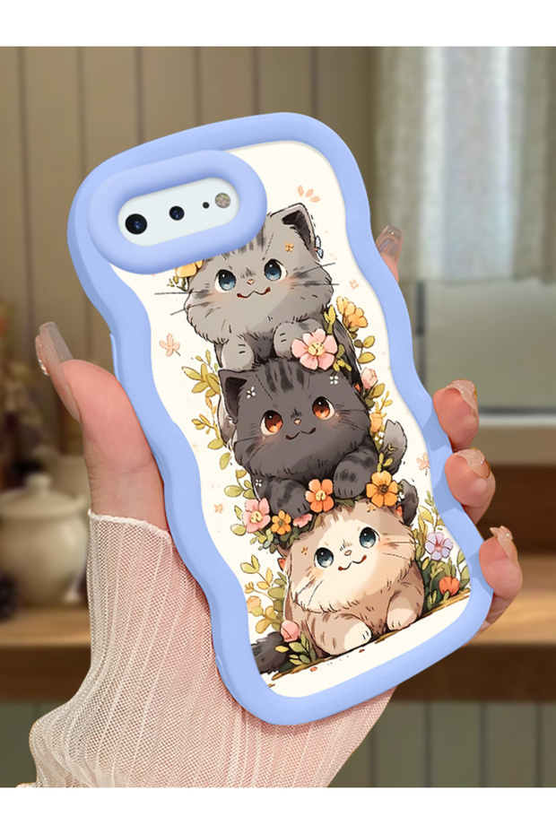 iPhone 8 Plus Compatible Case Camera Protector Blue Silicone Couple Phone Case Cat Pattern