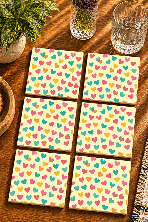 Heart Detailed Modern Design Set of 6 Coasters - Uv Printing Mdf - 10X10 cm