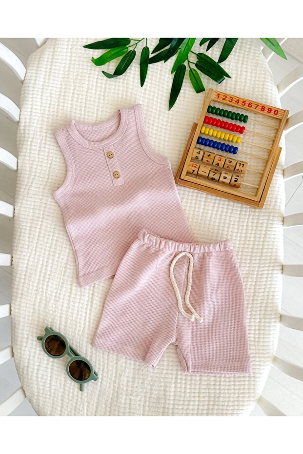 Waffle Sleeveless Shorts Summer Unisex Baby Set