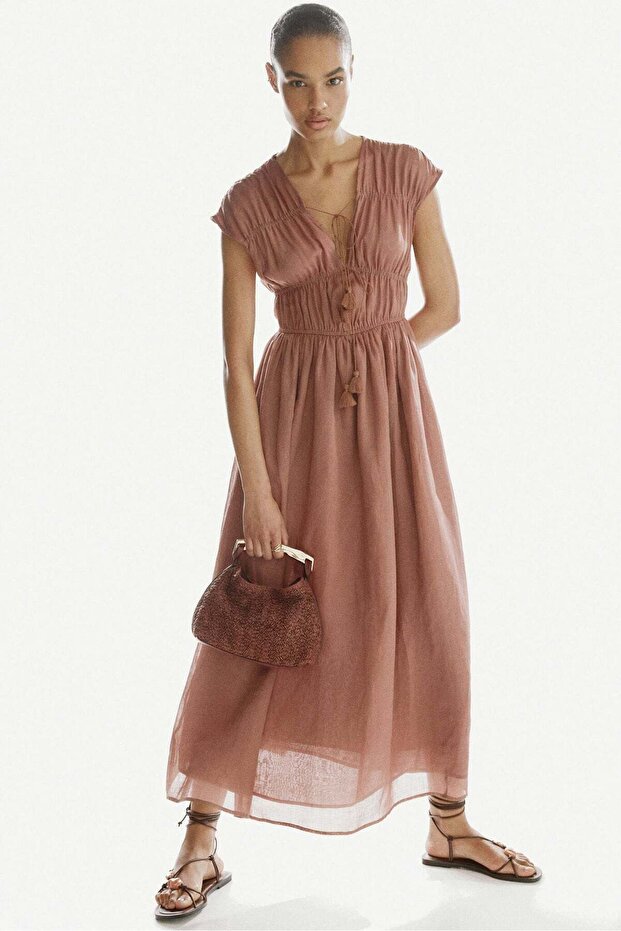 Drawstring-detail ramie dress